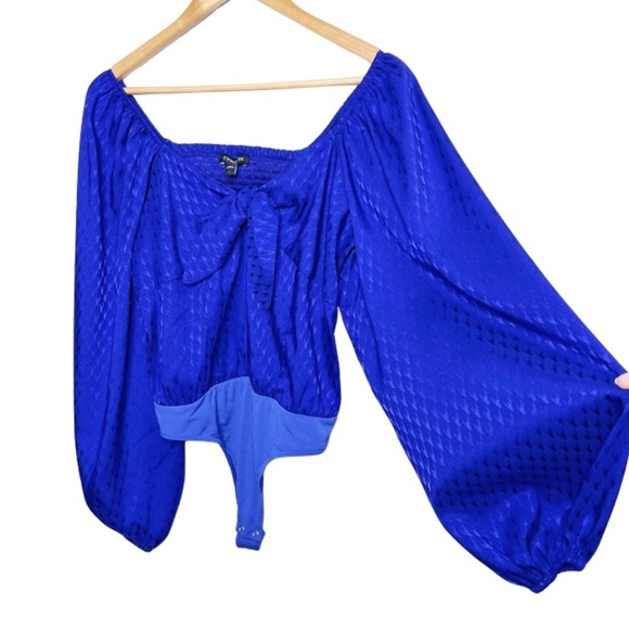 NWT Express Royal Blue Jacquard Tie Front Long Sleeve Bodysuit Size Large - Picture 2 of 16
